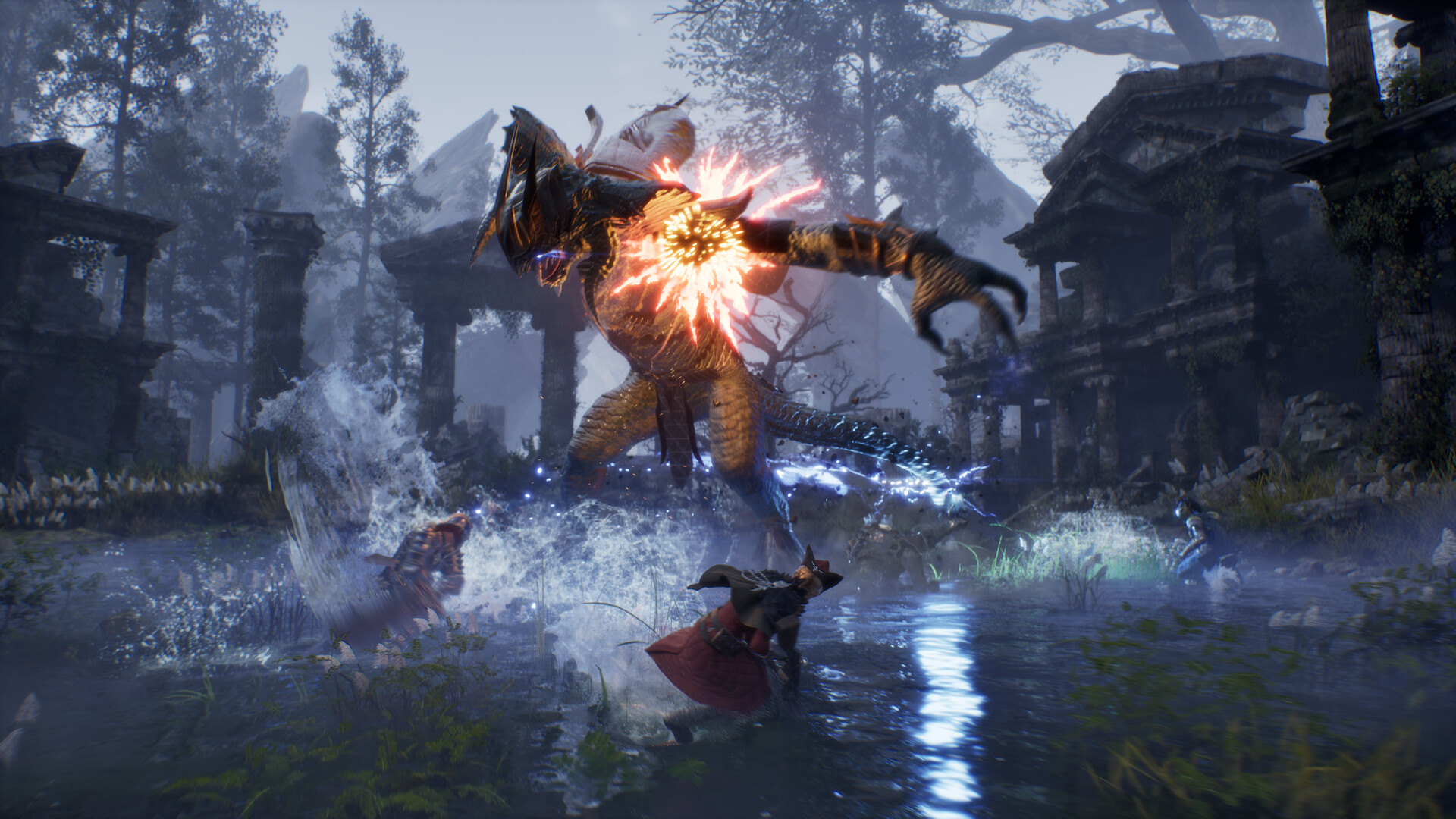 Players fighting a huge beast in a village pond as water sprays up